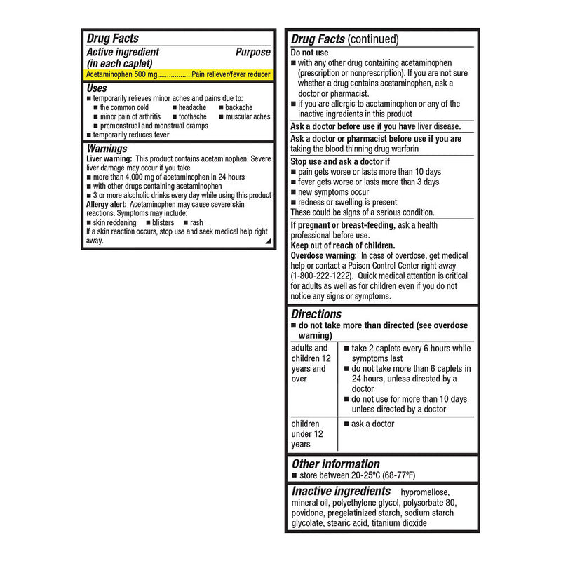 Acetaminophen Extra-Strength 500 mg Easy-to-Open Caplets, 150 ct, QC96916