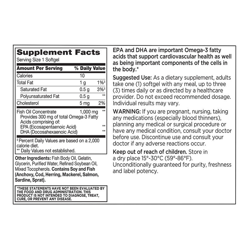 Fish Oil 1000 mg plus Omega-3 300 mg Softgels, 200 ct, QC95983