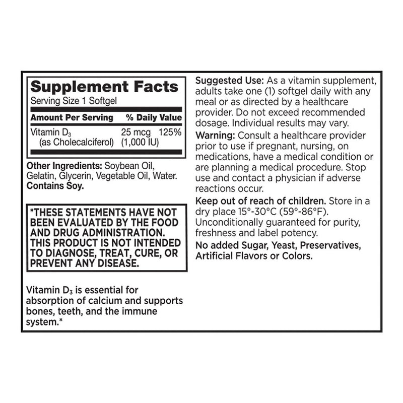 Vitamin D3 1000 IU/25 mcg Softgels, 60 ct, QC95723