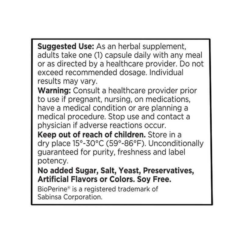 Turmeric 500 mg plus Black Pepper Extract Vegetarian Capsules, 60 ct, QC99821