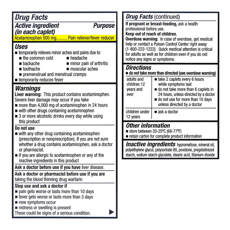 Acetaminophen Extra-Strength 500 mg Caplets, 100 ct, QC90843