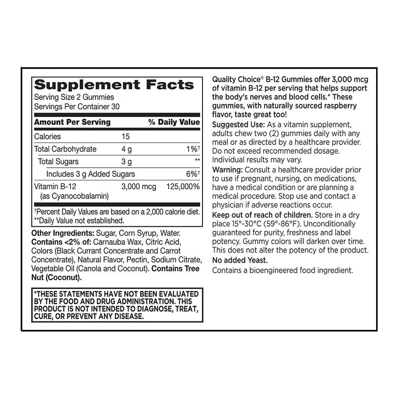 Vitamin B12 3000 mcg Extra Strength Gummies, Raspberry Flavor, 60 ct, QC99905