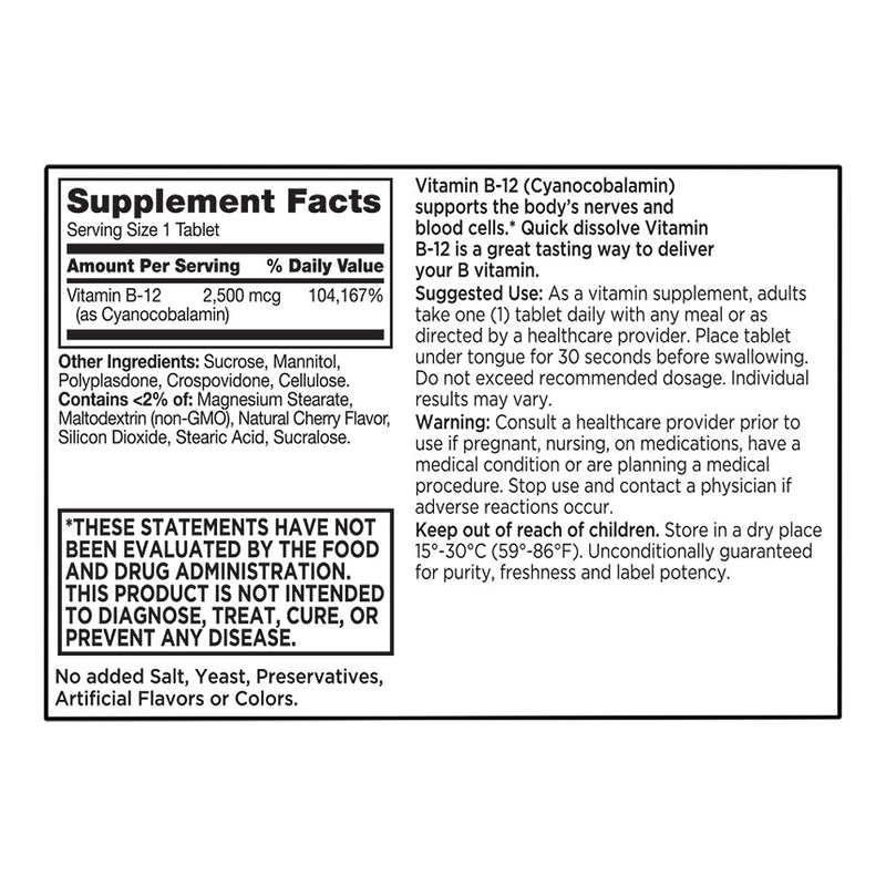 Vitamin B12 2500 mcg Sublingual Tablets, 100 ct, QC99863