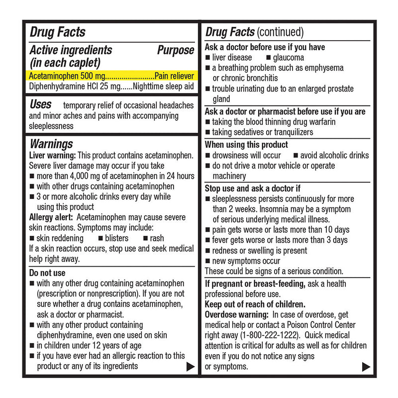Acetaminophen PM Extra-Strength 500 mg Caplets, 50 ct, QC99597