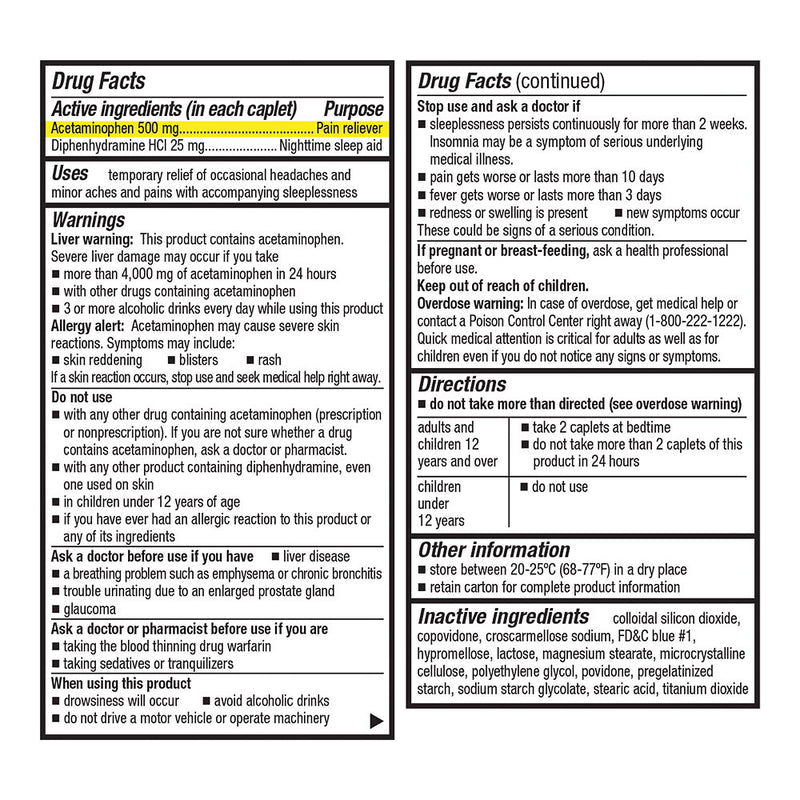 Acetaminophen PM Extra-Strength 500 mg Caplets, 100 ct, QC95461