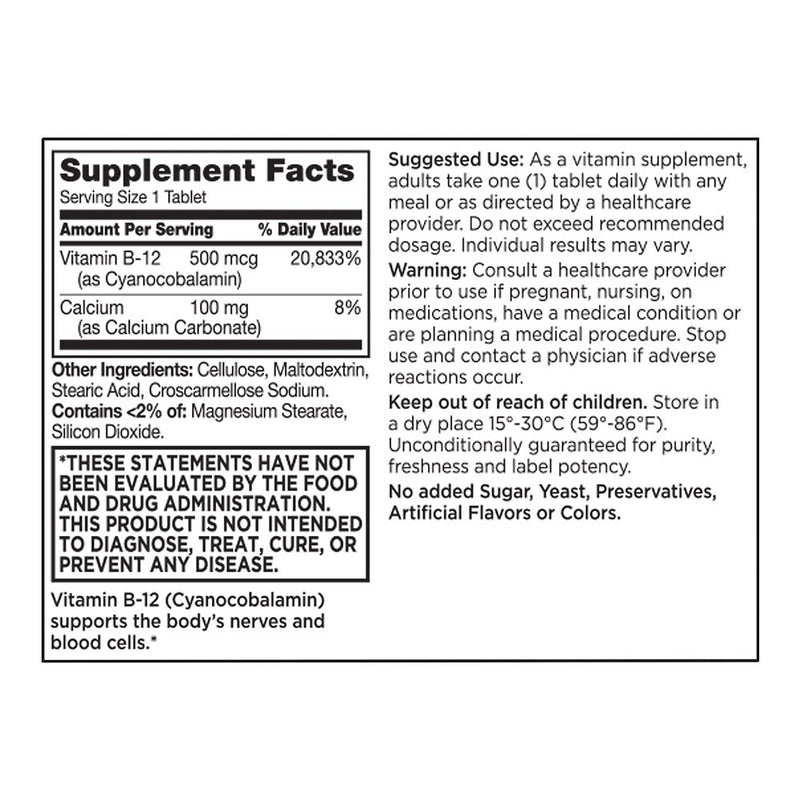 Vitamin B12 500 mcg Tablets, 100 ct, QC95912