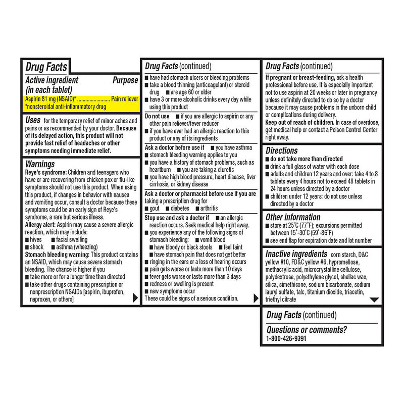 Aspirin 81 mg Enteric Coated Low-Dose Tablets, 120 ct, QC95360