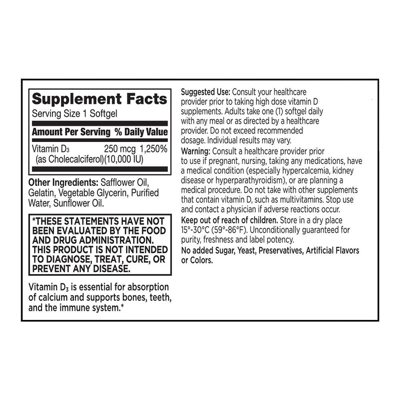 Vitamin D3 10,000 IU/ 250 mcg Ultra Strength Fast Release Liquid Softgels, 60 ct, QC99908