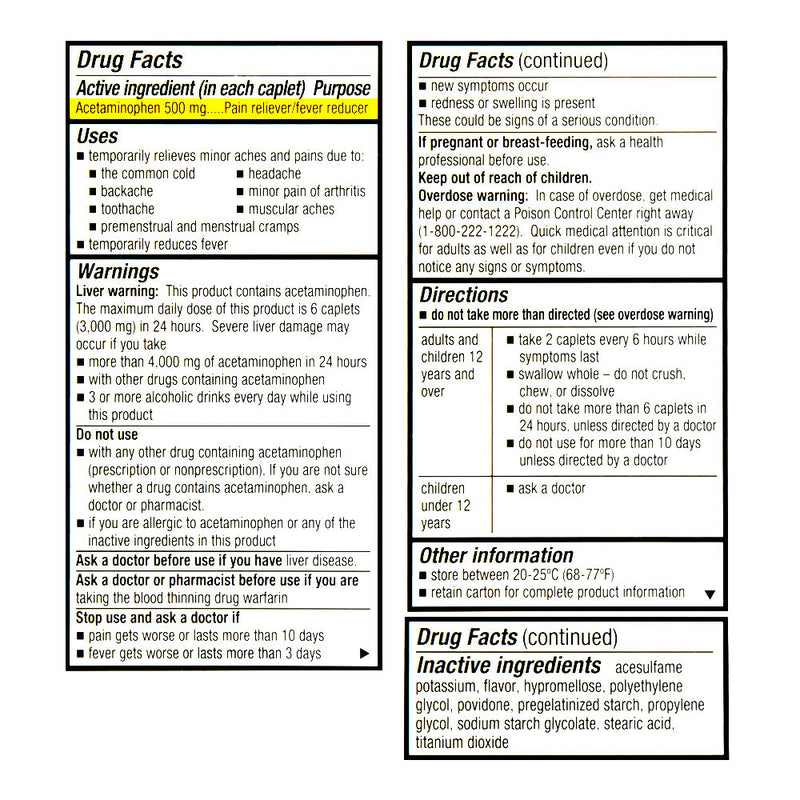 Acetaminophen Extra-Strength 500 mg Cool Taste Caplets, 50 ct, QC95735