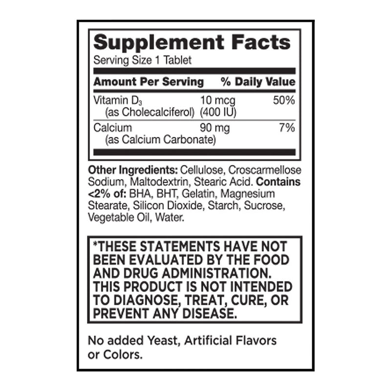 Vitamin D3 400 IU/10 mcg Tablets, 100 ct, QC95917