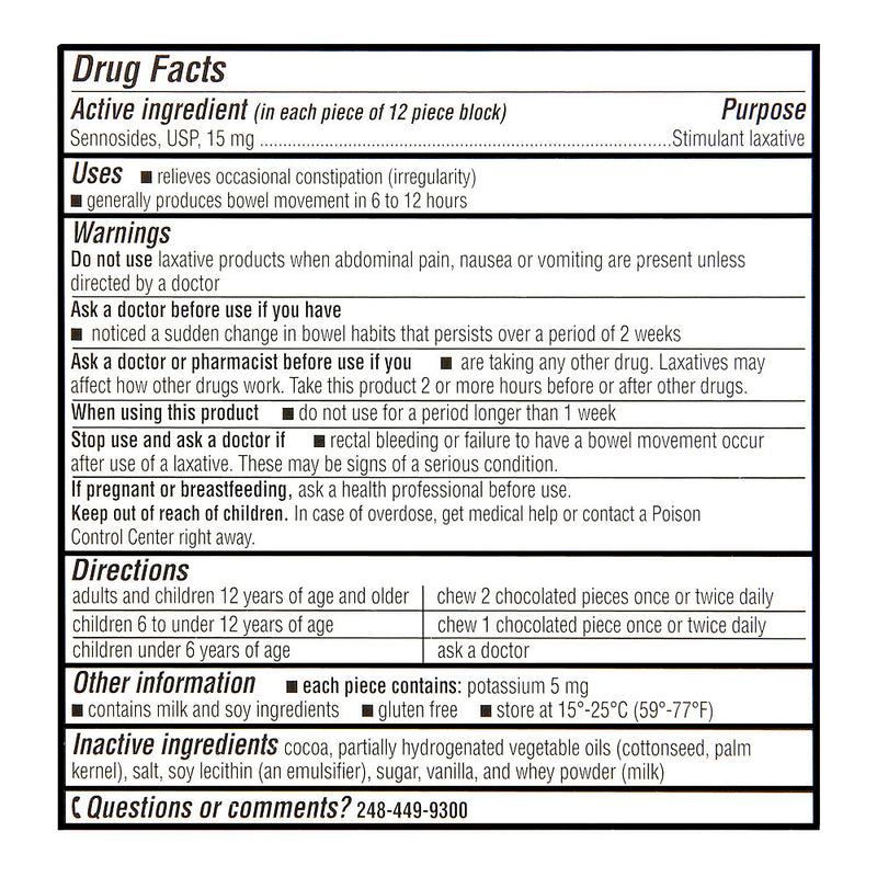 Laxative Sennosides Reg-Strength 15 mg, Chocolate Flavored Pieces, 24 ct, QC97059