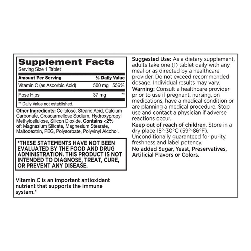 Vitamin C 500 mg with Rose Hips Tablets, 100 ct, QC98578