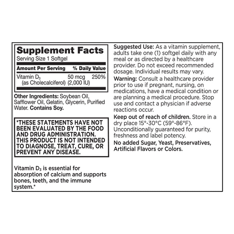 Vitamin D3 2000 IU/50 mcg Softgels, 60 ct, QC96680