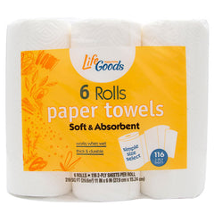 LifeGoods Paper Towel S-A-S, 116 Sheets per Roll, 6 ct, QC60025