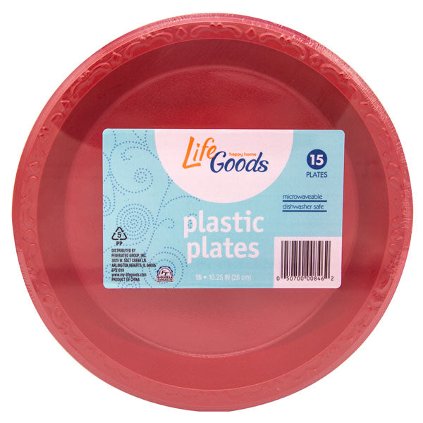 LifeGoods Plastic Red Plates 10.25", 15 ct, QC60018