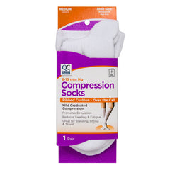 Rib Cushion Compression White Socks, Medium, 1 pr, QC99376