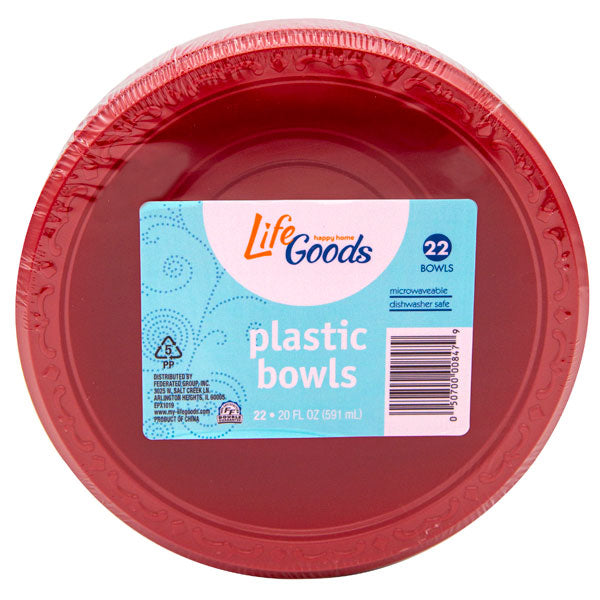 LifeGoods Plastic Red Bowls 20 oz, 22 ct, QC60020