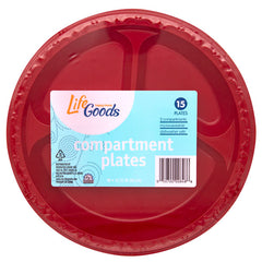 LifeGoods 3 Compartment Plastic Red Plate, 15 ct, QC60019
