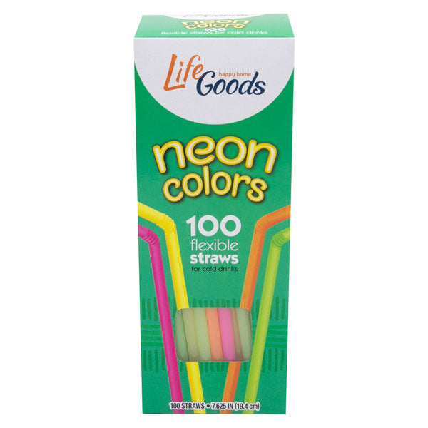 LifeGoods Flexible Neon 7.6" Straws, 100 ct, QC60008