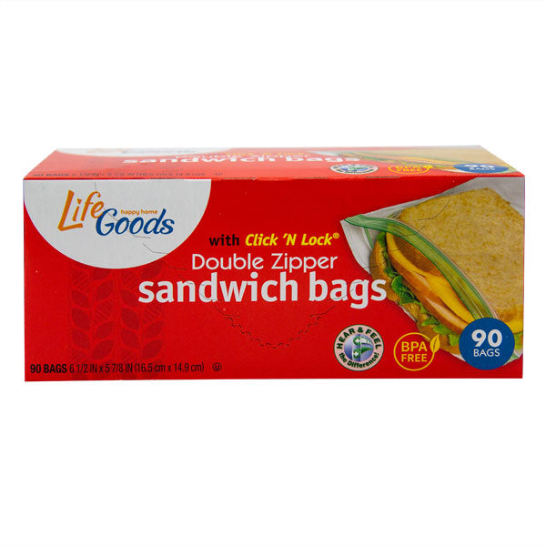 LifeGoods Reclosable Double Zipper Sandwich Bags, 90 ct, QC60038