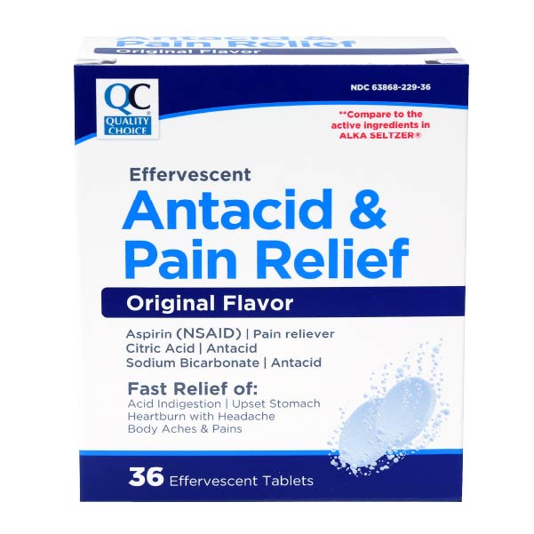 Effervescent Antacid & Pain Relief Tablets, 36 ct, QC95536
