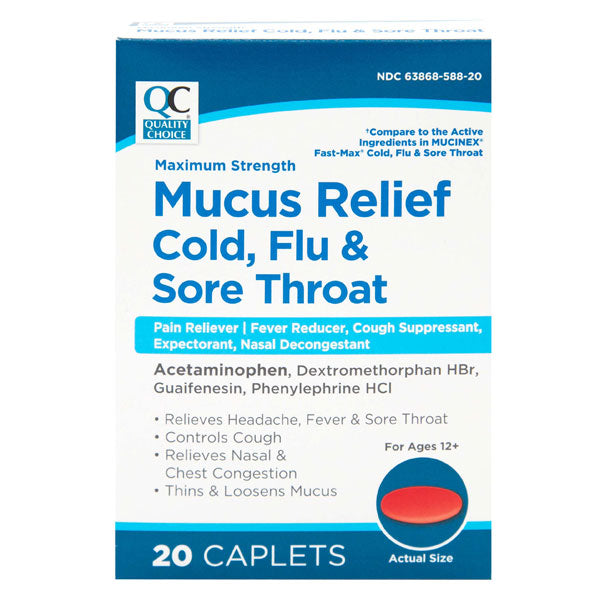 Mucus Relief Max-Strength Cold, Flu & Sore Throat Caplets, 20 ct, QC97052