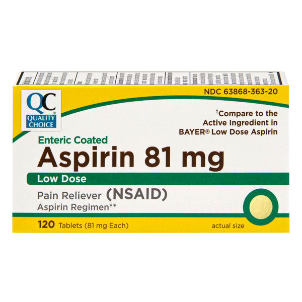 Aspirin 81 mg Enteric Coated Low-Dose Tablets, 120 ct, QC95360