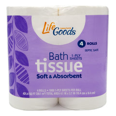 LifeGoods Bath Tissue, 1000 Sheets, 4 ct, QC60033