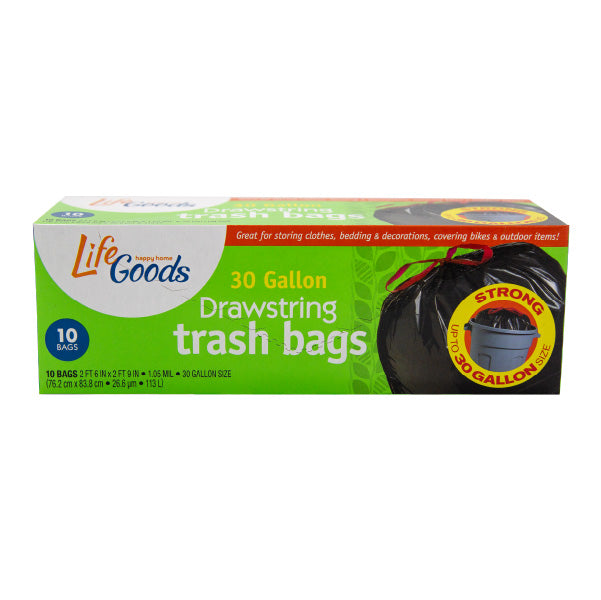LifeGoods Trash Bags Drawstring 30 Gallon, 10 ct, QC60052