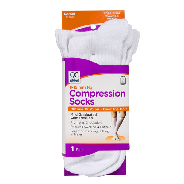Rib Cushion Compression White Socks, Large, 1 pr, QC99377