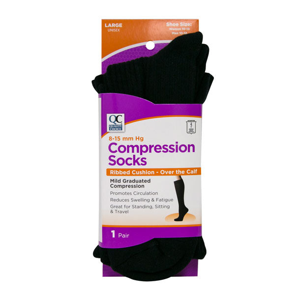 Rib Cushion Compression Black Socks, Large, 1 pr, QC99375
