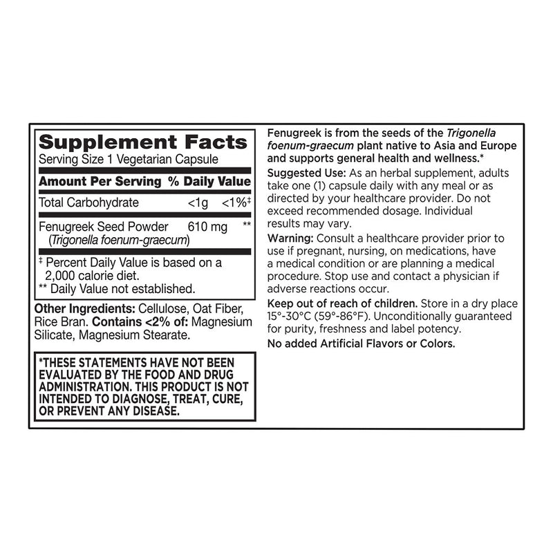 Fenugreek 610 mg Vegetarian Capsules, 60 ct, QC99743